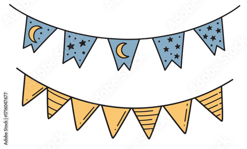 Vector illustration of colorful party bunting garland with hearts and stars, perfect for celebrations and decorations