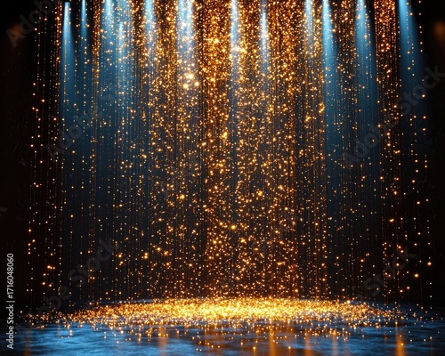Sparkling stage with spotlights and falling glitter