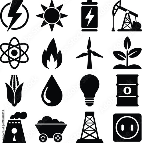 Energy sources vector icons set renewable and nonrenewable energy power generation illustration 100