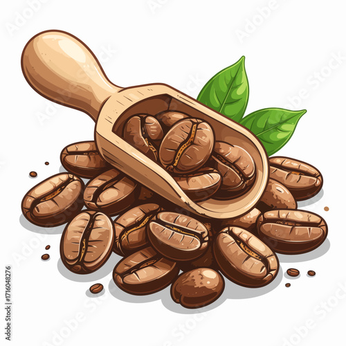 A clean vector illustration of a wooden scoop filled with roasted coffee beans, accompanied by fresh green leaves, isolated on a white background