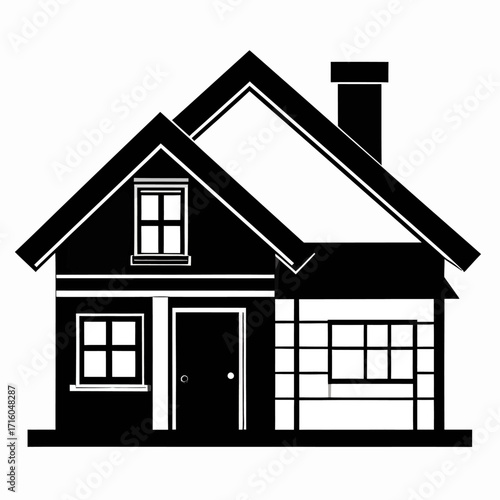 Clean vector icon of a house silhouette in a simple geometric style. Black and white residential building graphic for real estate