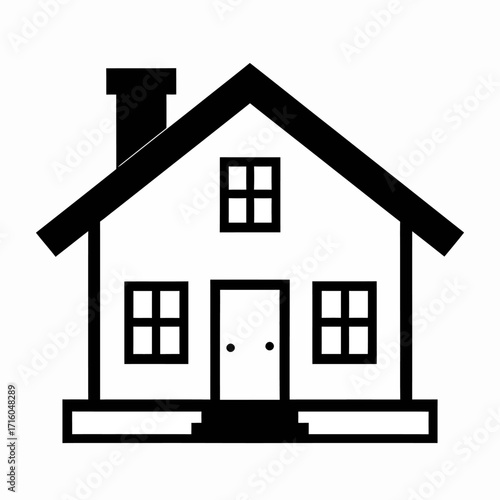 A clean and simple flat 2D vector graphic of a two-story house. This monochrome icon represents property, real estate, and domestic living