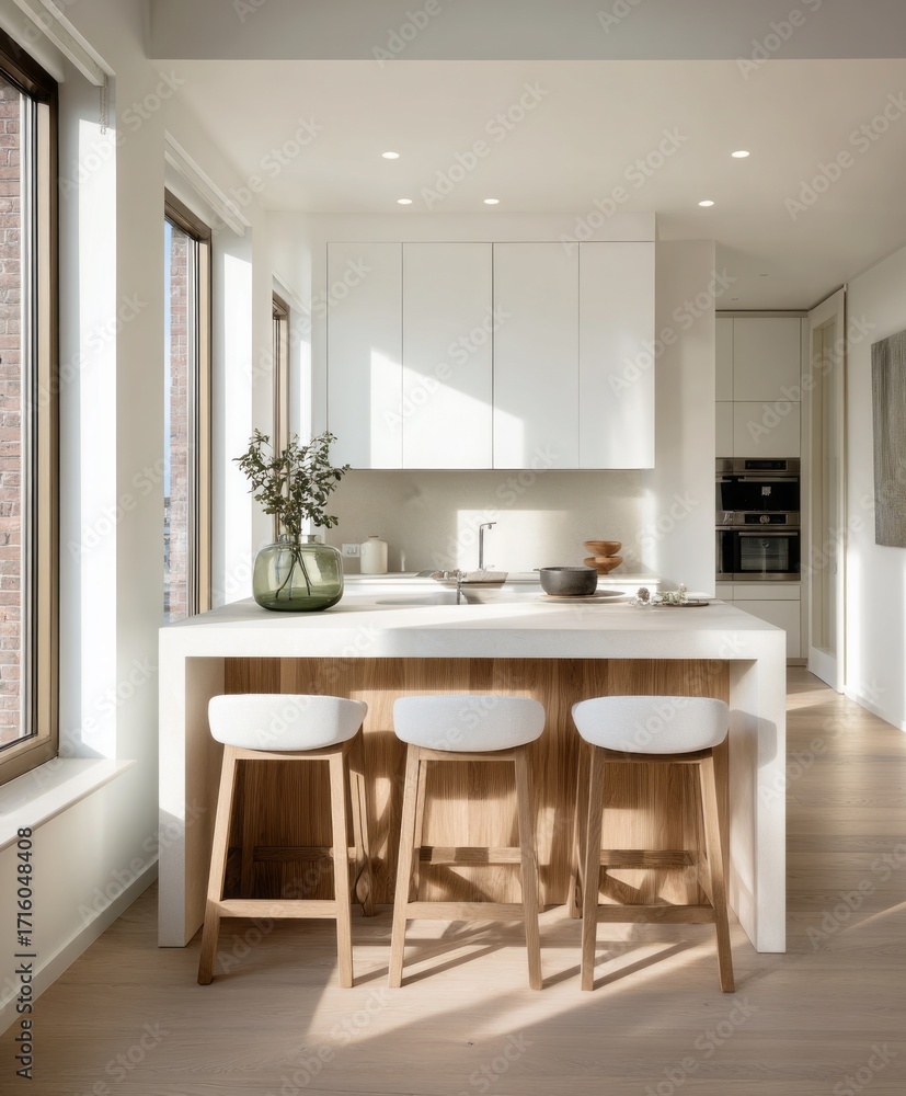 Fototapeta premium Modern, bright kitchen island with light oak bar stools bathed in natural light.