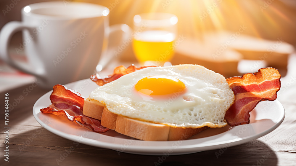 Fototapeta premium Petit-déjeuner, oeuf au plat et bacon dans une assiette avec une tasse de café sur la table. Ambiance matinale, lumière claire. Nourriture, boisson, matin. 
