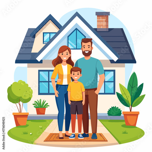 Cheerful cartoon family standing proudly in front of their dream home, symbolizing happiness, stability, and future aspirations in a bright flat design illustration