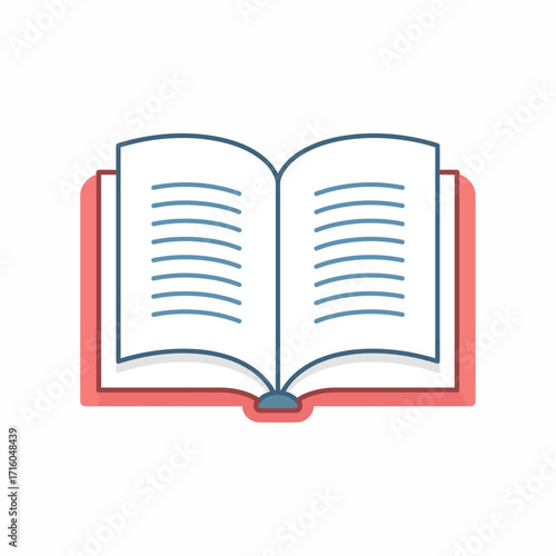 Flat design illustration of an open book with lines representing text on a white background, symbolizing knowledge and learning