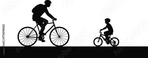 Silhouette of parent and child riding bicycles together outdoors, family cycling activity, healthy lifestyle, bonding, exercise, helmet safety, mentorship, leisure, outdoor adventure, 