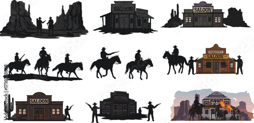 Wild West silhouette vector set with cowboys, saloons, horseback scenes, desert landscape, guns drawn, sunset background, vintage western illustration design