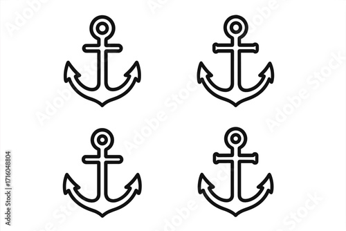 Anchor line icon set. Nautical anchor symbol collection for marine and navy themes. Simple outline vector illustration for boat, ship, and sea concepts. Editable stroke icons.