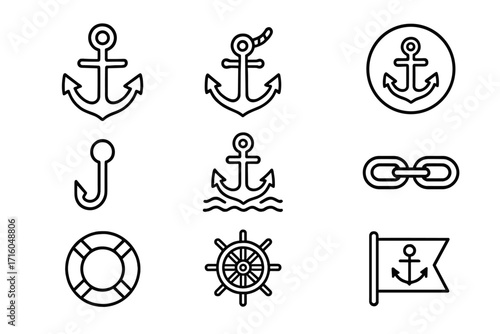 Nautical icon set simple line art. Marine vector symbol collection with anchor, ship wheel, lifebuoy, hook. Editable stroke for boat, sea, and ocean travel design graphic.