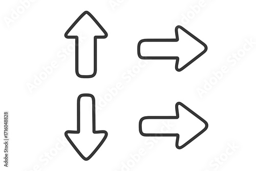 Collection of simple arrow outline icons. Up, down, right direction symbols. Modern pointers for navigation, web design, user interface and infographics. Vector line art.