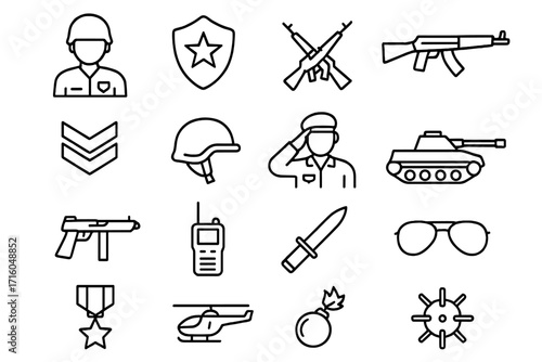 Army and military simple line icon collection. Set of vector symbols including soldier, tank, gun, helicopter, bomb, medal. Editable stroke for infographics and web design.