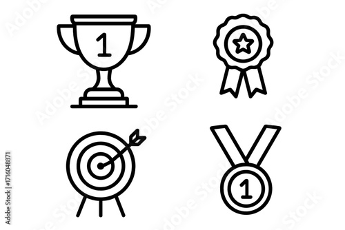Award and competition winner line icon set. Simple vector collection for success, achievement, and first place. Includes trophy, medal, award ribbon, and target goal symbol.
