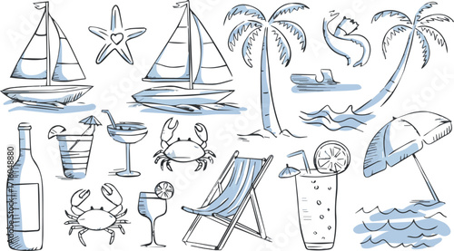 A collection of hand drawn beach themed illustrations including sailboats palm trees and beach accessories