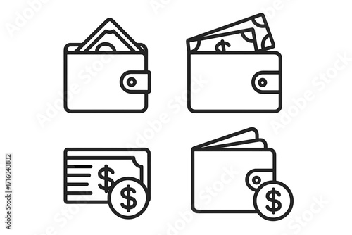 Wallet with money line icon set. Cash, dollar coin, and banknote icons. Financial concept for payment, savings, income, and budget. Vector outline illustration collection.