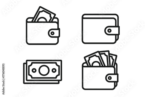Wallet with money outline icon collection. Cash and currency symbol set. Finance, payment and savings concept. Vector line art illustration for business and economy design.