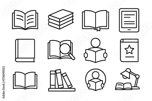 Book and reading outline icon set. Collection of simple linear pictograms for education, library, and learning. Includes symbols for literature, study, e-book, and knowledge.