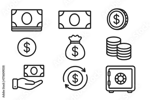 Money and finance line icon set. Cash, dollar, coin, banknote symbols. Business investment, savings, and payment concepts. Vector collection for infographics. Editable stroke.