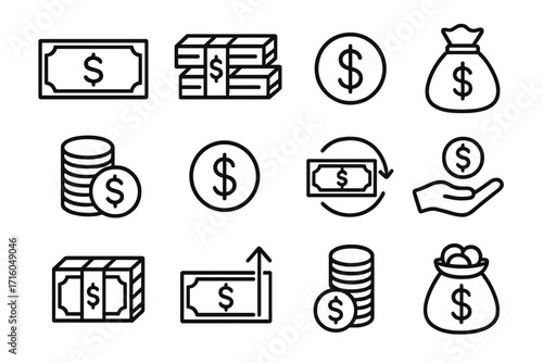 Cash and money line icon set. Simple finance outline symbols. Vector collection of dollar sign, banknote, coin stack, payment, income, and profit icons. Editable stroke.