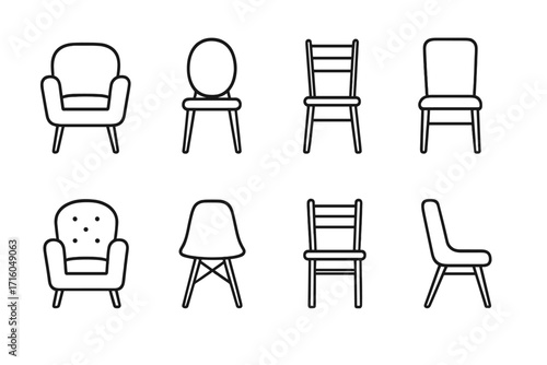 Chair icon set. Furniture line art collection. Vector symbols for interior design. Armchair, seat, stool for home & office. Thin editable stroke. Modern classic style bundle.