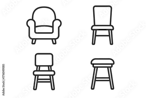 Chair furniture line icon set. Simple outline collection of armchair, stool, dining room seats. Vector symbol pictogram with editable stroke for web, mobile apps, logo.