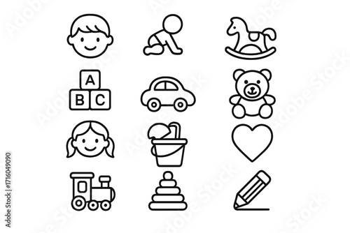 Childhood outline icon collection. Baby care, newborn, kindergarten symbols. Set of toys, children, learning, play items. Vector line art with editable stroke for infographics.