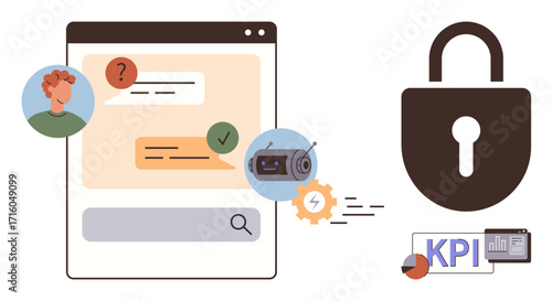 Chat interface with messages, chatbot, padlock for privacy, and KPI metrics. Ideal for cybersecurity, data protection, AI technology, performance analysis, user queries efficiency and business
