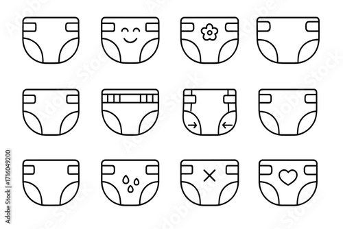 Diaper icon set for baby care. Thin line art nappy collection. Vector outline symbols for newborn hygiene. Editable stroke pictogram for web and app design graphic.