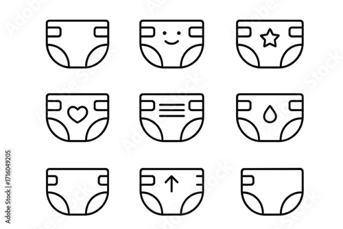 Diaper line icon set. Baby nappy and newborn hygiene vector symbols. Parenting and childcare concepts. Absorbency and wetness indicator graphics for UI, web, and apps.