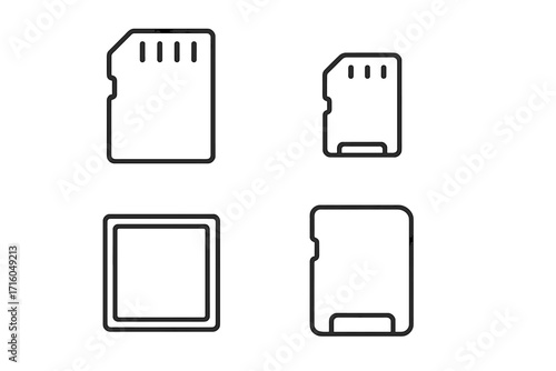 Memory card thin line icon set. Flash drive, SD card, micro SD and chip symbols. Simple linear vector pictogram bundle. Editable stroke. Digital data storage concept.
