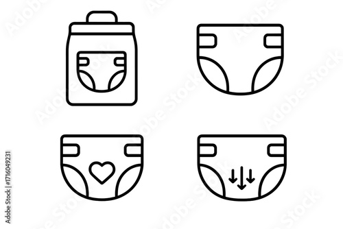 Baby diaper line icon set. Newborn and toddler hygiene. Nappy absorbency, comfort, and sensitive skin symbols. Vector pictogram collection for packaging, web, and apps.