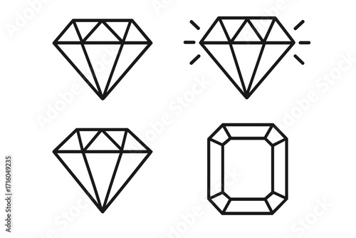 Diamond line icon set. Gemstone vector symbol collection with brilliant and emerald cuts. Precious jewel & crystal outline graphics for luxury, wealth, design & infographics.