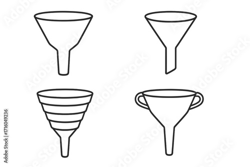 Funnel outline icon set. Sales and marketing funnel vector collection. Lead generation, conversion process, and data filtering stages. Editable stroke for infographics.