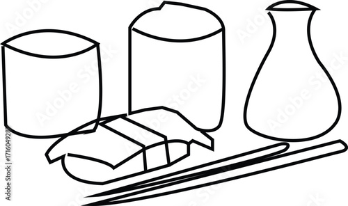 A simple line drawing of sushi with chopsticks and containers on a white background in a minimalist style