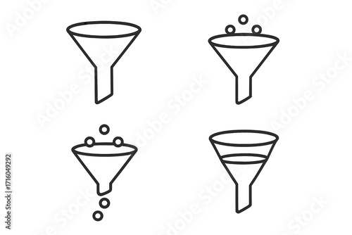 Sales funnel icon set for marketing pipeline and lead generation. Vector line icons representing data filtering, conversion process, and analysis. Simple filter symbols.