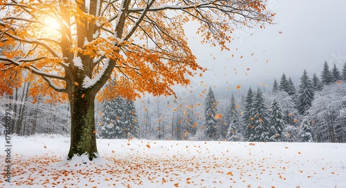 Golden Autumn Leaves Transitioning to Snowy Winter Landscape with Sunlit Tree
