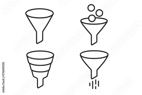 Sales funnel marketing icon set. Lead generation pipeline and data filtering process. Customer journey conversion stages for business infographics. Vector line icons collection.