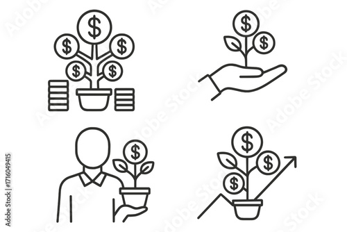 Money tree vector icon set. Concept of financial growth, investment, savings, and income. Line art symbols for business profit, wealth, and ROI. Editable stroke.