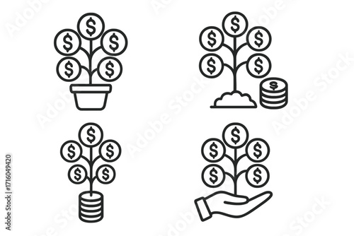 Money tree outline icon collection. Financial growth, investment, savings, and profit concept. Growing wealth, income, and revenue symbol. Editable stroke vector icons.