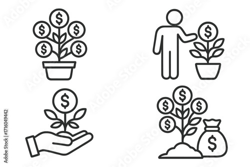 Money tree line icon set. Financial growth and investment concept. Growing money plant with dollar coins and bag. Profit, revenue, savings, wealth metaphor. Finance success.