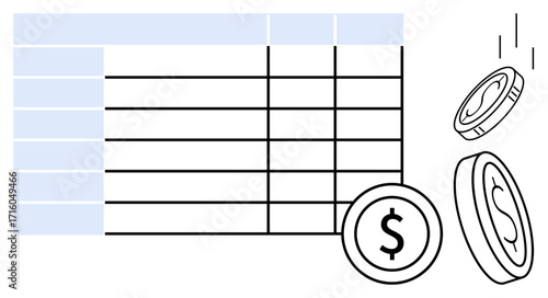 Spreadsheet table alongside falling coins symbols, signifying financial analysis, budgeting, and profit growth. Ideal for business, data management, income tracking, finance, analysis planning