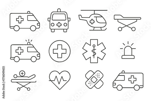 Emergency medical service icon set. Ambulance, helicopter, stretcher, star of life. First aid, hospital, paramedic care. Health, medicine, heartbeat editable stroke icons.