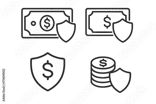 Money protection shield icon set. Financial security and insurance concept. Dollar savings safety. Bank deposit guarantee. Secure payment and investment vector line icons.