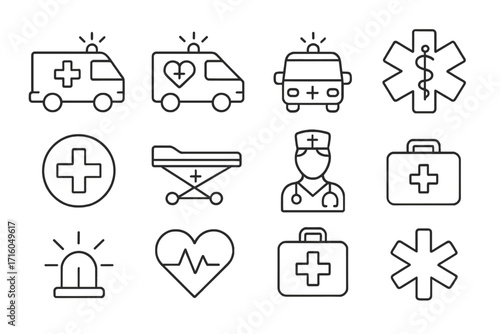 Medical emergency line icons set. Ambulance car, doctor, nurse, Star of Life, first aid kit, stretcher, and heartbeat cardiogram. Healthcare vector pictogram collection.