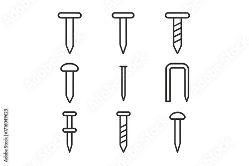 Nail, screw, staple outline icon collection. Simple linear hardware. Construction and carpentry tools set. Fastener and fixing equipment concept. Editable stroke vector illustration.