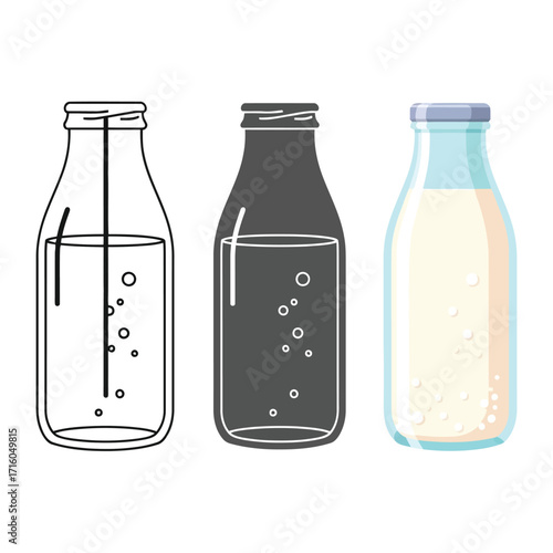 Vector illustration of three glass bottles with different contents clear liquid with bubbles, dark liquid with bubbles, and milk, vector illustration of