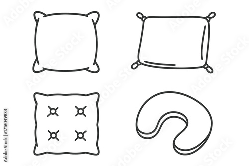 Pillow and cushion line icon set. Collection of various pillow types including travel neck pillow and decorative cushions for bed and sofa. Vector illustration for comfort and sleep.
