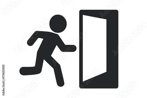 Exit symbol of a running man pictogram. Emergency evacuation sign concept. Person escaping through an open door. Safety warning icon. Way out vector illustration.