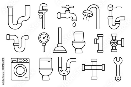 Plumbing service line icon set. Plumber tools and equipment collection. Bathroom, kitchen, sanitary engineering outline symbols. Pipe, wrench, faucet, toilet vector icons.