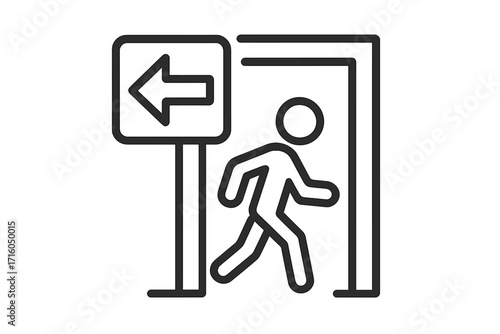 Emergency exit symbol with running person. Evacuation route icon with directional arrow. Safety sign for leaving building. Way out, escape, and danger concept pictogram.